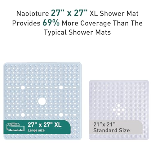 Large Square Shower Mat 27 x 27 Inch Clear, Non Slip Shower Bathtub Mats for Inside Shower With Big Suction Cups Drain Holes, Anti Slip Bathroom Floor Shower Stall Mats, Easy Clean, BPA-Free - color: Clear
