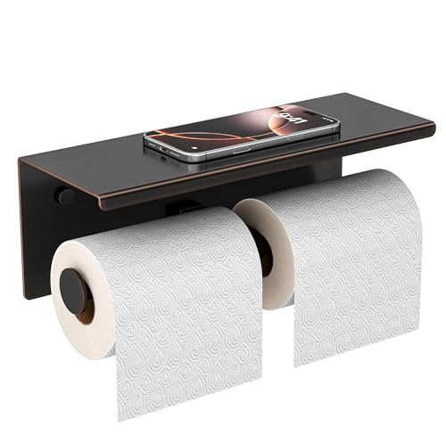 FORIOUS Double Toilet Paper Holder with Shelf, Wall Mount Tissue Roll Holder for Bathroom, 304 Stainless Steel Commercial Toilet Tissue Dispensers with Phone Shelf (1, Oil Rubbed Bronze) - color: Oil Rubbed Bronze