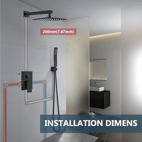 Aolemi Shower Faucet Set Rain Shower System with Handheld Spray Bathroom Shower Combo Rough-in Valve and Shower Trim Kit Included Matte Black 8 Inch Wall Mount Shower Head - color: Matte Black, size: 8 Inch Wall Mount Shower Head