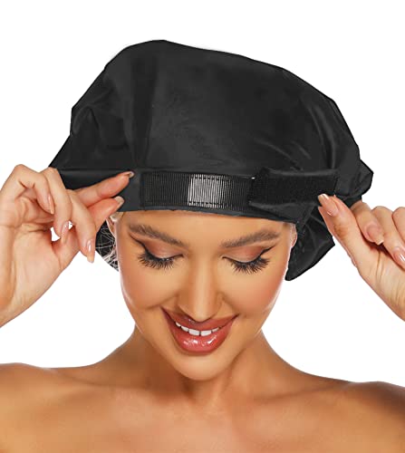 HIUMI Large Shower Cap For Men,Large Shower Cap For Women Long Hair,Reusable Shower Cap for Braids,Dreads,Curls, Locs, Curly，Wave，Hair Cap for Shower,Washable and Adjustable,Black - color: black-black