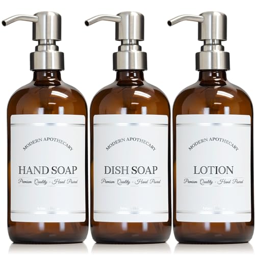 Amber Refillable Hand, Dish, Lotion Dispenser Set with Pumps for Kitchen Sink - Glass Boston Round Bottles - Waterproof Labels - 16 oz - 3 Pack - color: Stainless Steel Pump