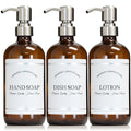 Amber Refillable Hand, Dish, Lotion Dispenser Set with Pumps for Kitchen Sink - Glass Boston Round Bottles - Waterproof Labels - 16 oz - 3 Pack - color: Stainless Steel Pump