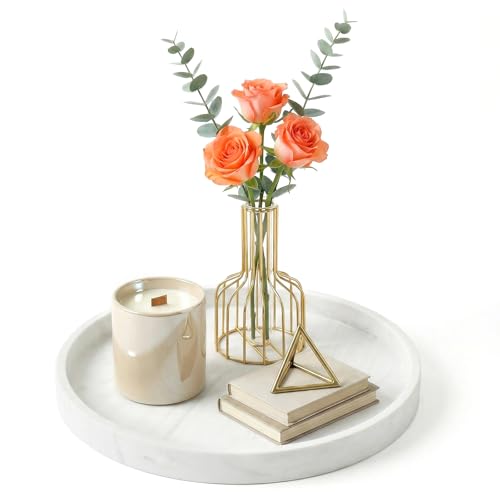 Round Marble White Silicone Decorative Bathroom Vanity Tray 9.06 Inch, Counter Tray for Bathroom Countertop Perfume Holder Dresser Organizer Coffee Table Candle, Non-Slip Durable for Home Use - color: Marble White, size: 9.1"