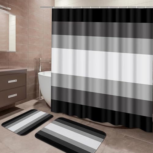 ArtSocket Black Grey Ombre Bathroom Set with Shower Curtain and Bath Rugs and Accessories,Modern Striped Lines Gray Non-Slip Shower Curtain Set,Bathroom Decor 3 Pcs - color: Black Striped Ombre
