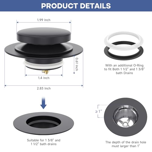 Matte Black Universal Tip Toe Tub Stopper Replacement, Pop Up Bathtub Drain Stoppers, Bathroom Bath Tub Drains Plug, Replaces Lift and Turn, Tip-Toe and Trip Lever drains for Tub, Easy Install - color: Matte Black