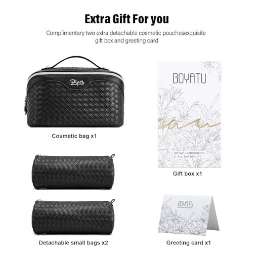 BOYATU Travel Makeup Bags for Women: 3 Pcs Large Make up Bags Set - Vegan Leather Cosmetic Bag for Traveling - Waterproof Toiletry Organizer (L05 Black) - color: L05 Black