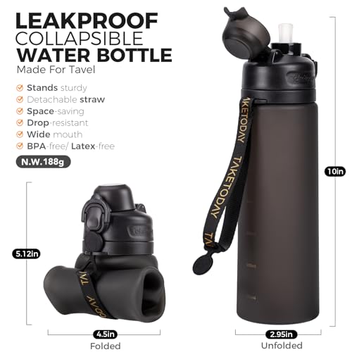 TakeToday Collapsible Water Bottles 21oz (600mL), Foldable Platinum Silicone Travel Water Bottle with Straw & Carry Strap, Leak-Resistant Screw Lid, Wide Mouth, BPA-Free for Hiking, Camping, Travel - color: Black