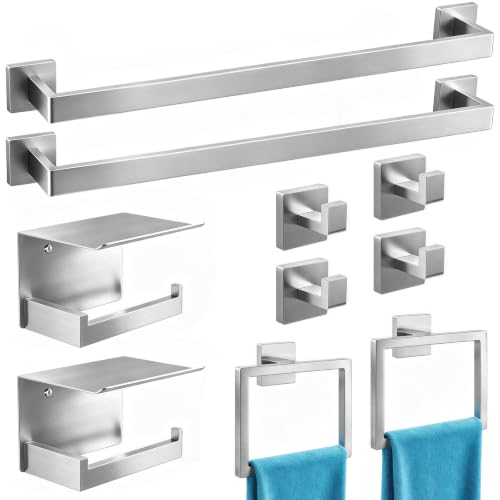 STWWO 10-Piece Bathroom Accessories Hardware Set Brushed Nickel | 24 inch Towel Bar, Stainless Steel Towel Racks for Bathroom, Bath Towel Bar Set Wall Mounted - color: Brushed Nickel, size: 24 inch-10pcs