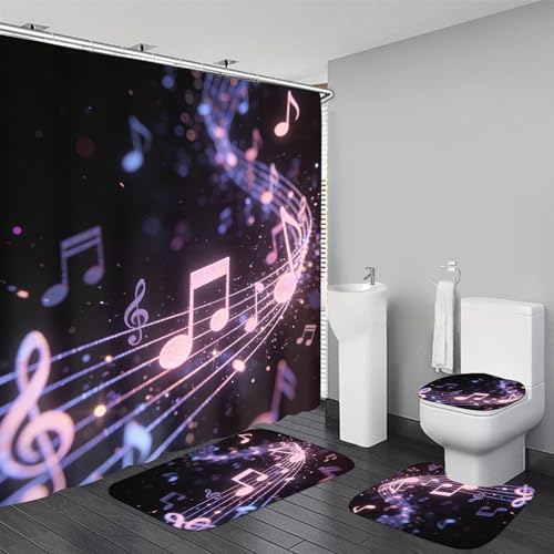 AZHM Glitter Music Note Shower Curtain Set 4 PCS Modern Black Purple Bathroom Decor Set with Non-Slip Bath Rugs, Toilet Lid Cover & U-Shaped Mat - color: Black Purple