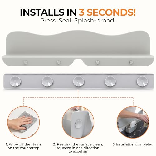 Silicone Sink Splash Guard with Sponge Holder -19.5" x 4.5" x 2.5",- Strong Suction - Sink Edge Protectors for Kitchen Sink - Kitchen Sink Splash Guard - Gray