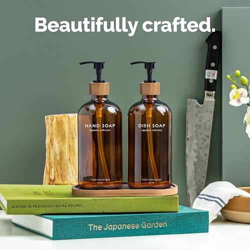 Vine Creations Amber Glass Soap Dispenser Set, Hand Soap and Dish Soap Dispenser Set with Bamboo Tray, 16 oz Glass Dispensers Bottle for Kitchen and Bathroom Decor Modern Boho with Bamboo Pump (Amber) - color: Amber