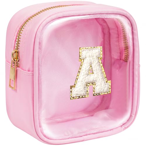 KOTORA Initial Clear Makeup Bag Make Up Bag Travel Toiletry Bag Cute Cosmetic Bags Organizer Travel Essentials Pink Gifts for Women Girlfriend Teacher Mom Brithday Gifts Clear Toiletry Bag - color: Pink, style: A