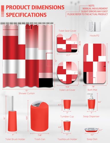 Lnond Red Bathroom Set, 22-Piece Red Geometry Bathroom Decor Set with with Shower Curtain and Rugs, Trash Can, Toilet Brush Holder Set & Soap Dispenser - style: Red White Geometric