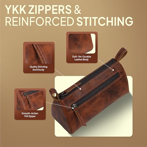 Leather Makeup Bag for Women – Genuine Leather Cosmetic Bag Travel, Handmade Zippered Makeup Pouch, Small Toiletry Bag, Shaving Kit & Stationery Organizer- Tan - color: Tan