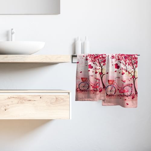 Valentine's Day Hand Towels - Set of 2 Pink Heart 14'x28' Soft Absorbent Guest & Kitchen Towels for Couples & Wedding Anniversary - color: Valentines Pink Bike Heart