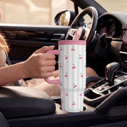 SANDJEST Cherry Stainless Steel Locking Lid Silicone Straw Tumbler with Handle 40oz, Insulated Stainless Steel Travel Cup for Women Girls Friends, Gift Idea for Birthday Christmas - color: Cherry