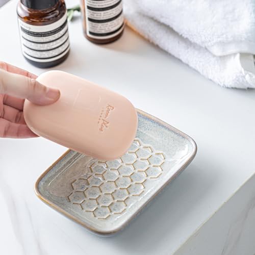 Gomakren Soap Dish for Shower, Ceramic Bar Soap Holder with Honeycomb Design, Father's Day Soap Saver Tray for Bathroom Kitchen Sink, Sponge & Organizer Tray, Upscale Look, 5.5 Inch, Gray - color: Gray, size: Honeycomb