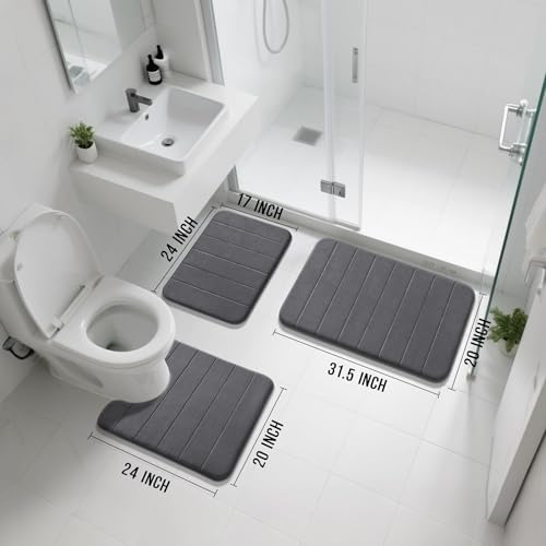 Yimobra Memory Foam Bath Mat Set 3 Pieces- Super Soft Absorbent Quick Dry Bathroom Rug Sets, Machine Washable Non Slip Floor Carpet for Tub Shower, Vanity & Toilet Base, Dark Gray - color: Dark Gray, size: 31.5''x20'' +17''x24'' + 24''x20''