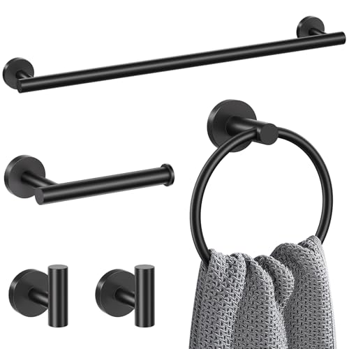 Lairuier 5 Pieces Matte Black Bathroom Accessories Set, 23.6 Inch Bath Towel Bar Set, SUS304 Stainless Steel Bathroom Hardware Set Round Toilet Paper Holder Set Wall Mounted - color: Matte Black, size: Towel Ring