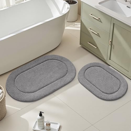 HOMEIDEAS Bathroom Rugs Sets 2 Piece, Soft Bathroom Mats and Absorbent Microfiber Machine Washable Bath Mats for Shower Room, Bathtub, Kitchen (20" x 32" + 16" x 24", Grey) - color: Grey