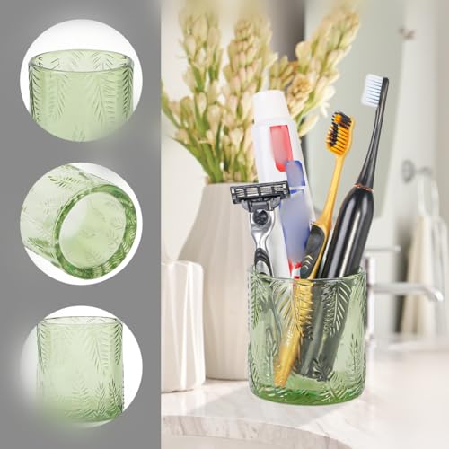 2pcs Glass Bathroom Accessories, Green Bathroom Set, Toothbrush Holder and Soap Dispenser, Gold Soap and Toothbrush Holder Set for Vanity Countertop Decor