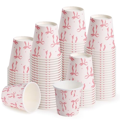 WRAPAHOLIC 3oz Paper Cups - 100 Pack Disposable Bathroom Cups with Pink Bow Design, Small Mouthwash Cup for Toothbrush Rinse, Home Bathroom, Picnic, BBQ, Travel and Party - color: Pink Bow