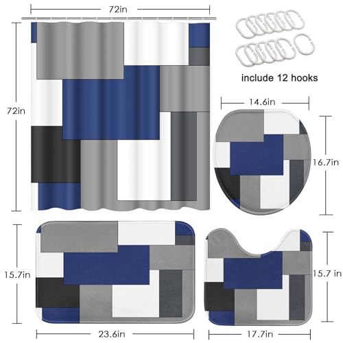 Navy Blue Geometric Shower Curtain Set with Toilet Lid Cover and Non-Slip Rugs for Bathroom, Black White Grey Checkered 4 Pcs Shower Curtain, Modern Abstract Bathroom Set with 12 Hooks - color: Abstract Geometric Dark Blue