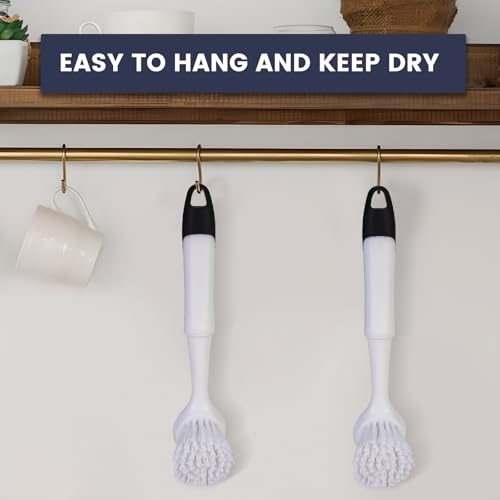 Dish Brush with Handle, Dish Scrub Brush with Built-in Scraper, Nylon Dish Scrubber, Kitchen Brushes for Dishes,Pots, Pans and Sinks 2 Pack