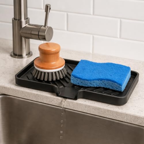 Silicone Soap Dish Tray and Sponge Holder with Drain Chute and Feet | 3-Way Sloped Design | Bathroom and Kitchen Sink Organizer Caddy (Grey, 10"x4", 7.8 Ounces) - color: Grey, size: 10"x4"
