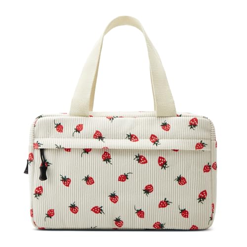 Large Makeup Bag for Women Corduroy Cosmetic bag Make up Bags Zipper Pouch with handle Cosmetic Organizer Toiletry Bag for Travel Storage - color: 30-Strawberry White