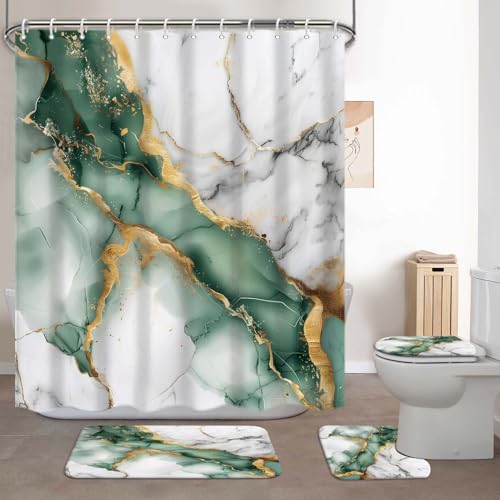Lnond 4Pcs Bathroom Sets with Shower Curtain and Rugs, Marble Bathroom Shower Curtain Sets, Green Grey Gold Modern Art Bathroom Sets with Rugs and Accessories - color: Green Grey Gold Marble