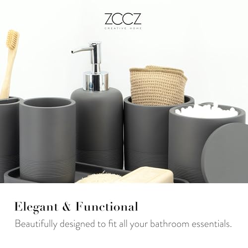 ZCCZ Gray Bathroom Accessories Set 6 Pieces - Toothbrush Holder, Lotion Dispenser, Qtip Container, Vanity Tray, Tumbler - Countertop Organizer for Bathrooms - Elegant and Functional Décor Set - color: Gray, size: 6pcs
