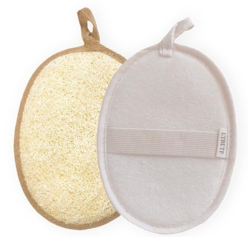 Premium Egyptian Loofah 2-Pack-Dual-Color Set for Couples & Partners (White & Brown)-Natural Exfoliating Body Scrubber for Shower, Large Size 7.1"x5.1" with Reinforced Edging - color: White & Brown