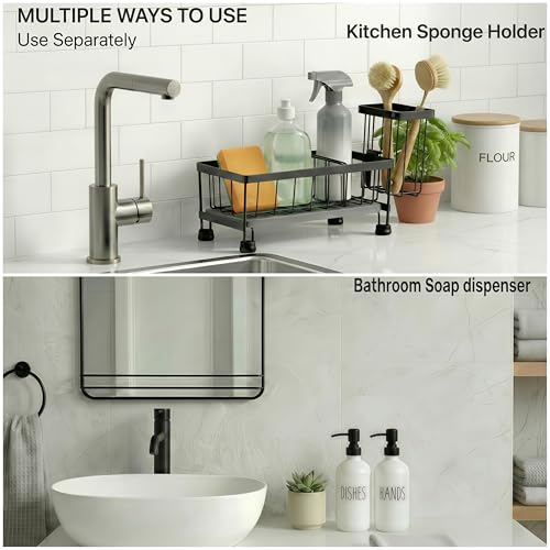 Kitchen Soap Dispenser Set with Sponge Holder & Brush Holder - 16oz Glass Hand and Dish Soap Dispenser, Instant Dry Diatomaceous Earth Stone Tray, Non-Slip Silicone Pad, Sink Organizer(White)