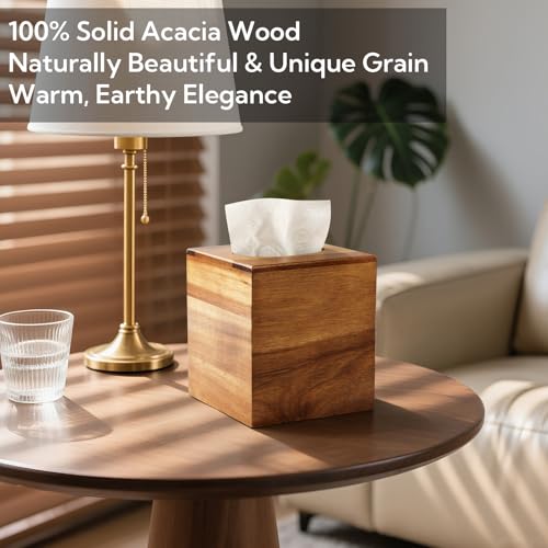 2 Pack Wooden Tissue Box Cover Bulk Square - Acacia Wood Tissue Box Holder for Tabletop Stands Bathroom Office- Decorative Facial Wood Tissue Box Cover for Modern Farmhouse Decor - color: Brown