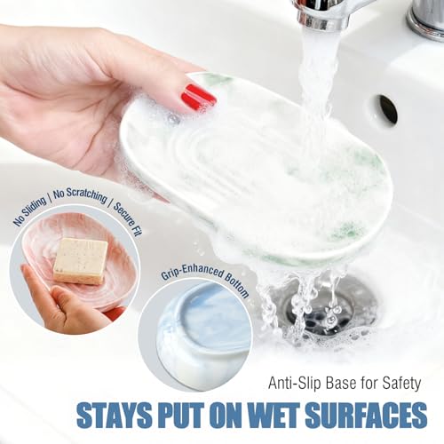 OTHIX Ceramic Soap Dish with Unique Marble Texture, Decorative Bar Soap Holder for Bathroom and Kitchen, Cute Soap Dishes for Bar Soap, Jewelry, Ring (Green Texture) - color: Green Texture