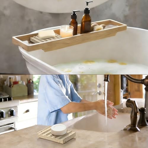 Natural Marble Soap Dish for Shower Stone Tray Small Bar Soap Holder with Self Draining | Non-Slip, Luxury Bath Room Accessories, Sponge Dish Scrubbers Tray for Kitchen Sink Counter Top (Travertine)