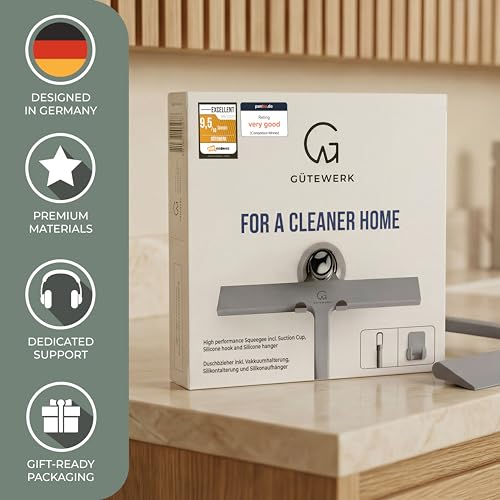 GÜTEWERK Silicone Shower Squeegee for Glass Doors & Mirrors with Stainless Steel Core, Streak-Free & No-Squeak Window Cleaning, 3-in-1 No-Drill Mount (Hook/Suction/Adhesive),Gray, 11 Inches - color: Gray, size: 11 Inches