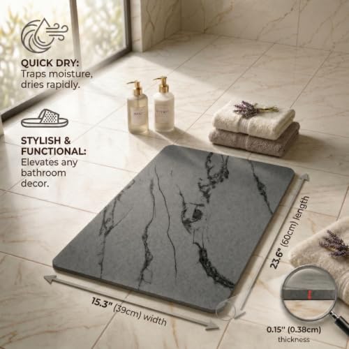 Stone Bath Mat – Diatomaceous Earth Quick Drying Non-Slip Bathroom Mat – Absorbent Diatomite Shower Mat, Durable & Easy to Clean, Modern, 23.6" x 15.3" (2 Pack Charcoal Black - Marble) - color: Charcoal Black - Marble
