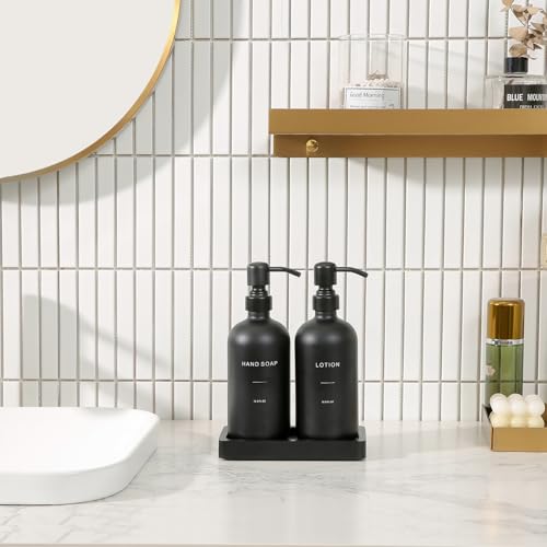 Prus Waso Black Soap Dispenser Bathroom Set, Soap and Lotion Dispenser Set with Stainless Steel Pump, Perfect for Bathroom Decor. (Black) - color: Black Pump & Black Bottle