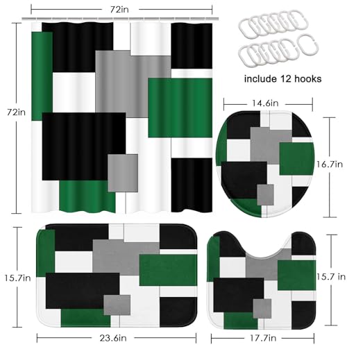 Green Geometric Shower Curtain Set with Toilet Lid Cover and Non-Slip Rugs for Bathroom, Grey Black White Checkered 4 Pcs Shower Curtain, Modern Abstract Bathroom Set with 12 Hooks - color: Abstract Geometric Green