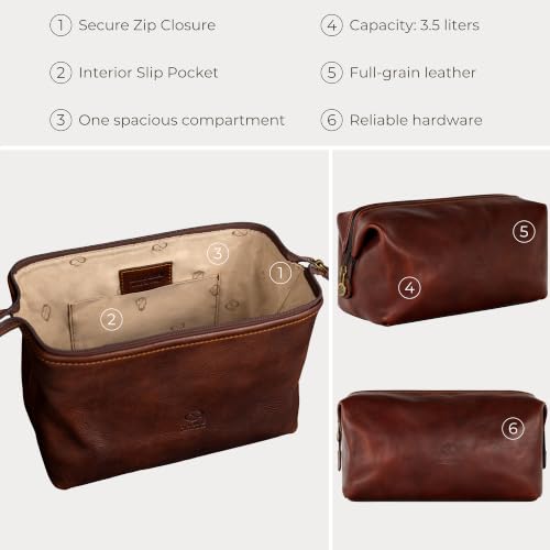 Time Resistance Leather Toiletry Bag - Italian Cosmetic Case Dopp Kit (Brown) - color: Brown