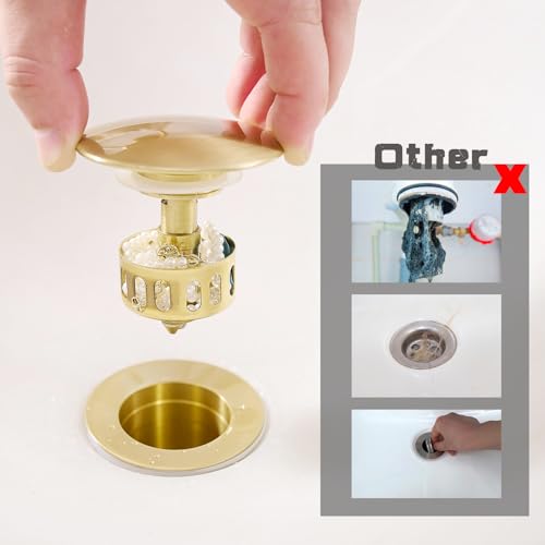 VOTON Brushed Gold Pop Up Bathroom Sink Drain with Overflow Assembly with Strainer Lavatory Vanity Vessel Pop Up Drain Stopper - color: Brushed Gold, size: With Overflow