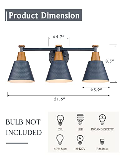 FEMILA Bathroom Vanity Light, 3-Light Modern Bathroom Light Fixture with Hammered Metal Shade Finish, Dark Blue Wall Sconce Lamp Lighting for Bedroom, 4FG59B-3W Blue - color: Navy Blue, size: 22"