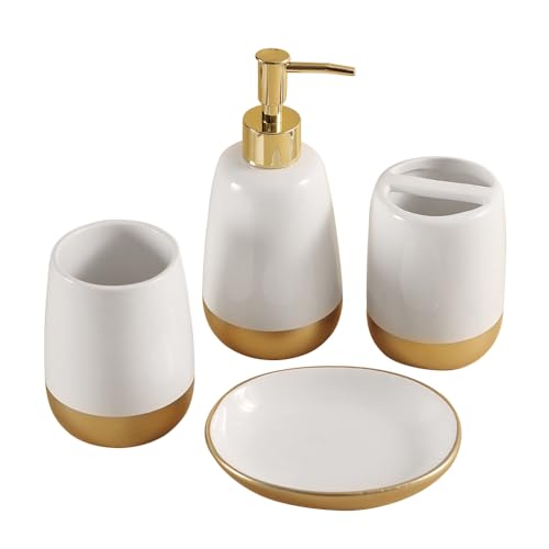 Elegant White with Gold Bathroom accesory Set 4pc,Toothbrush Holder soap Dispenser soap Dish Tumbler Cup for Bathroom Decor Morden Style (White 2) - style: WHITE 2