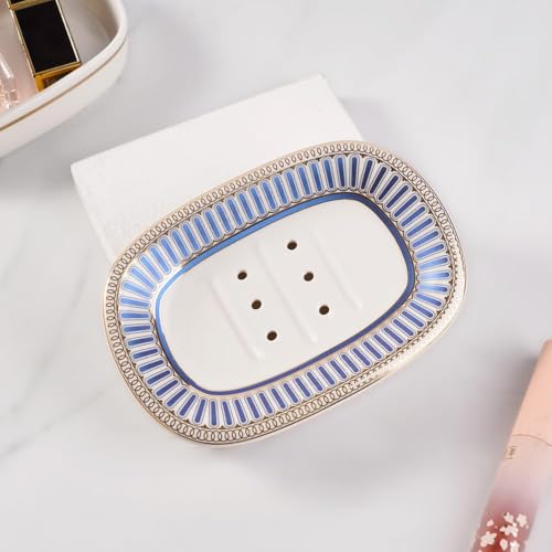 Self Draining Soap Dish, Double-Layer Bar Soap Tray, White Ceramic Soap Dish with Elegant Patterns (Style A) - color: Style a