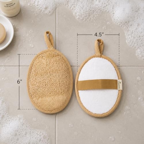 Thalen Natural Loofah Exfoliating Body Scrubber | Egyptian Loofah Sponge + Terrycloth | Shower Scrubber | Back Scrubber | Body Exfoliator | Plastic Free, No PFAS | Organic Bath Sponge – Pack of 3