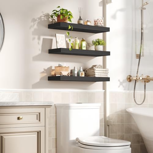 RALGEND Floating Shelves for Wall, 1.5" Thick Wall Shelf Set of 3 with Invisible Brackets, 23.6L x 7.9W Hanging Book Shelves Farmhouse Home Decor for Bathroom, Living Room, Bedroom, Black 6301BJP3BK - color: Black, size: 23.6 Inches