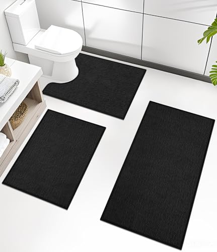 chakme Bathroom Rug Sets 3 Piece, Ultra Thin Quick Dry Bath Mat, Absorbent Bath Mat for Bathroom Non Slip Machine Washable, (Black) - color: Black, size: 3piece