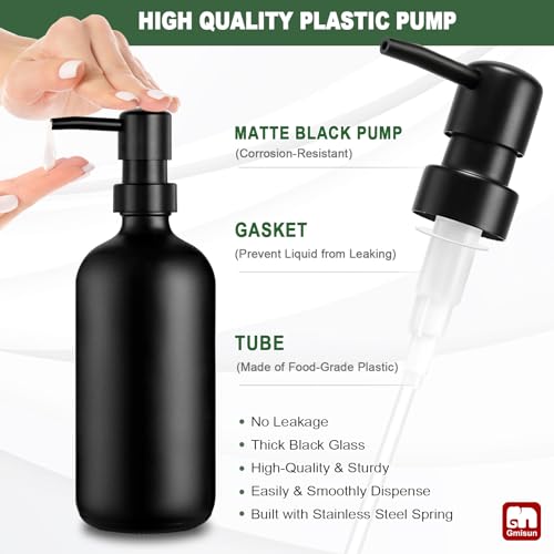 GMISUN Kitchen Soap Dispenser Set, 17 fl oz Dish Soap Dispenser with Ceramic Tray & Bamboo Brush for Kitchen, 2Pcs Matte Black Glass Hand and Dish Soap Dispenser Set, Refillable Soap Bottle Set - color: Black Bottles + Black Pumps